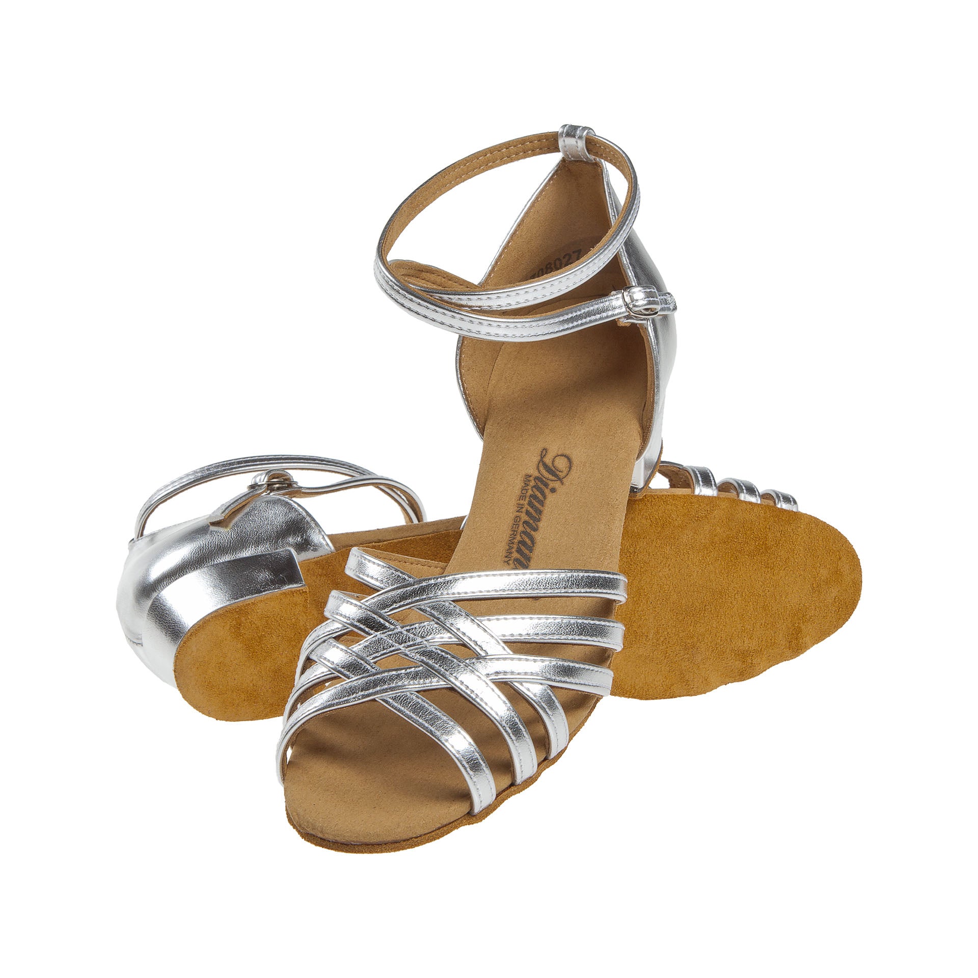 Silber Diamant 008 Tanzschuhe mit Fesselriemchen und brauner Wildledersohle, aus verschiedenen Blickwinkeln gezeigt.